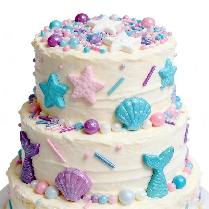 Sentovac Mermaid Sprinkles Nonpareils Jimmies Starfish Shell Mix Edible Sprinkle for Cake Decorating Candy Cookie Baking Decorations Mermaid Party Birthday Supplies