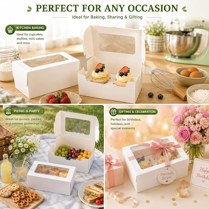 PRALB 50Pack White Paper Cupcake Boxes with Pvc Window and Two Treat Holder, Pastry and Cookie Box,Cupcake Containers Bakery Cake Box,Auto-Popup Cupcake Carriers Bakery Cake Box(6.3x3.5x3inch)