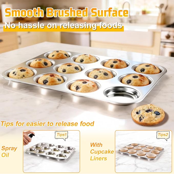 P&P CHEF 12-Cup Muffin Top Pan (2 Piece), Stainless Steel Muffin Pan Cupcake Tin with Shallow Side for Whoopie Pie & Yorkshire Pudding, Easy Clean & Oven Safe, Silver