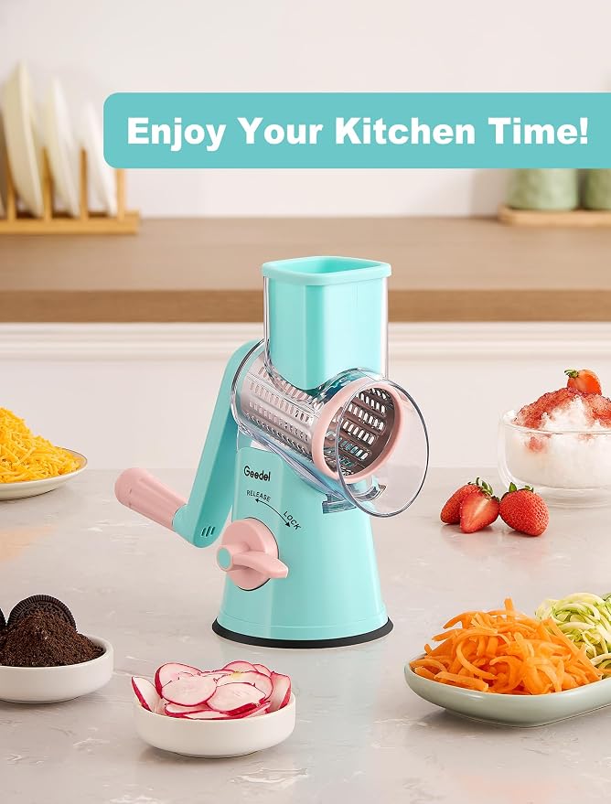 Geedel Rotary Cheese Grater Cheese Shredder - Upgraded 5-in-1 Cheese Grater with Handle and Strong Suction Base, Multi-purpose Vegetable Slicer Ice Shaver Nuts Grinder for Cheese, Vegetables, Ice