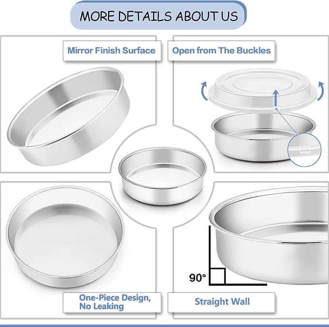TeamFar 8 Inch Cake Pan, Stainless Steel Round Baking Pans with Lids-4 PCS | Smash Cake Pan Tins, Baking Steaming Serving for Wedding Bakery Camping Picnic, Oven & Dishwasher Safe(2 Pans + 2 Lids)