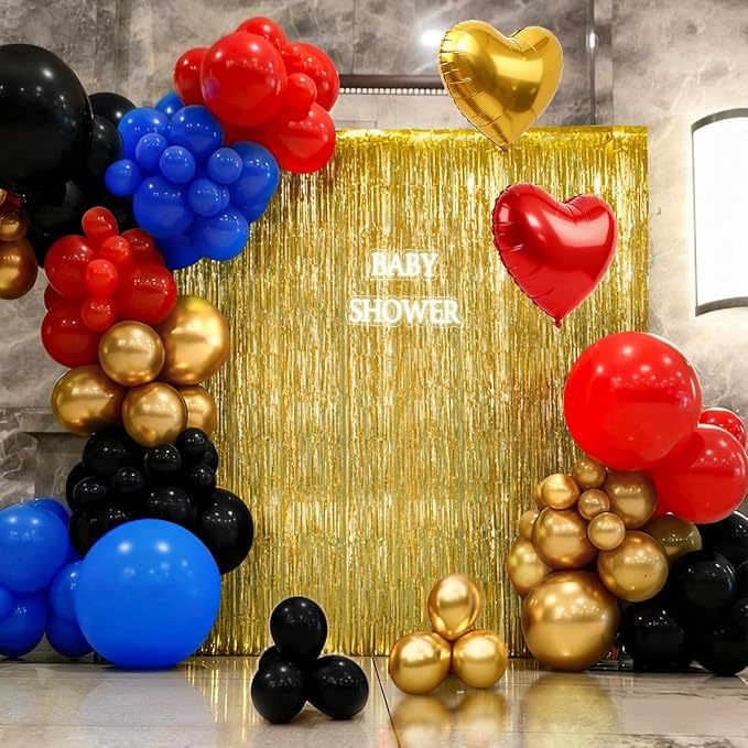 157Pcs Red Black Gold Blue Balloons Garland Arch Kit with Gold Fringe Curtain Backdrop for Birthday Baby Shower Party Decorations