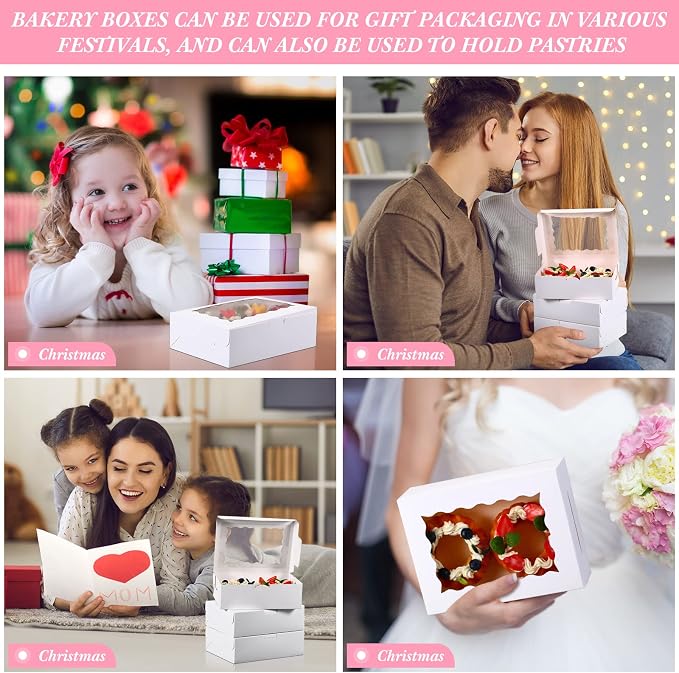 TaoBary 100 Pcs 8 Inch Bakery Boxes 8 x 6 x 2.5 Inch Cookie Pastry Boxes with 2 Style Window for Cookie Treat Chocolate Strawberries Cupcakes Candy Muffins(White)
