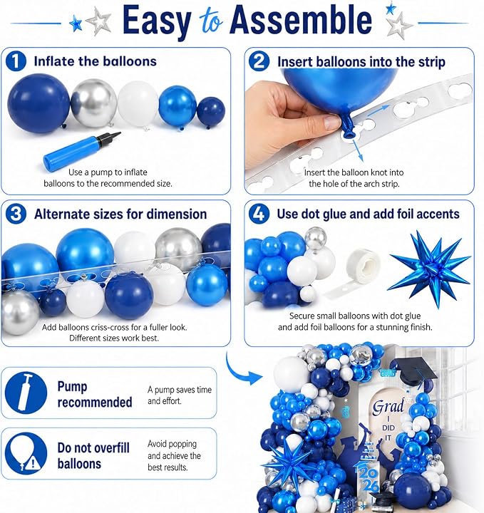 Graduation Balloon Arch Kit 2026 Blue and White Balloon Garland Royal Blue White Silver Balloons with Star Foil for Congrats Grad Class Retirement Prom Birthday Baby Shower Wedding Party Decorations