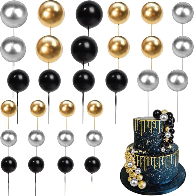 24 PCS Balls Cake Toppers Ball Cake Picks Ball Shaped Cupcake Toppers Foam Balls Cake Topper Insert Mini Balloons Cake Decorations for Wedding Baby Shower Birthday Party Supplies Black Gold Silver