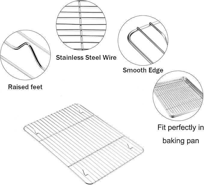 TeamFar Baking Pan with Rack Set of 4, 12.5’’ x 9.5’’ Stainless Steel Toaster Oven Baking Pan with Cooling Rack, Healthy & Non Toxic, Easy Clean& Mirror Finish, Dishwasher Safe - (2 Pans + 2 Racks)