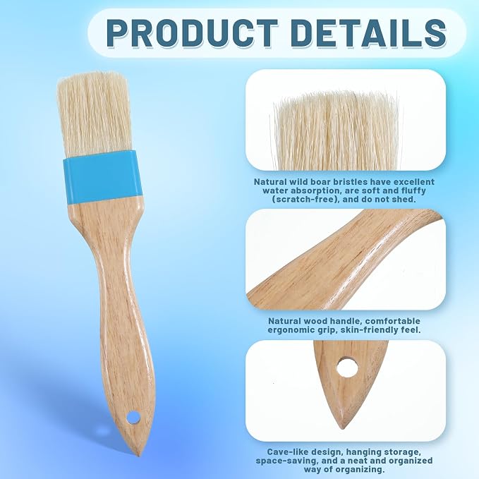 2 PCS 1.5 Inch Natural Bristle Pastry Brush, Pastry Basting Brush - Food Grade, Heat Resistant Wooden Handle Butter Brush, Basting Brush for Cooking, BBQ, Baking, Egg Wash, Oil, Blue