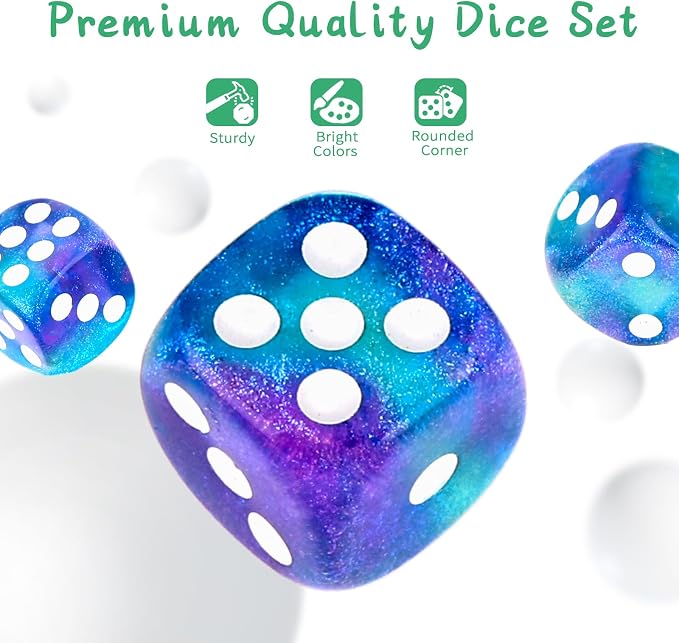 36 of Pack 12MM 6 Sided MINI Dice Set,Two Colours Glitter D6 Game Dice Set, 6 Sided Standard Dices for Yahtzee, Bunco or Teaching Math,with Portable Plastic Box(Green Purple)