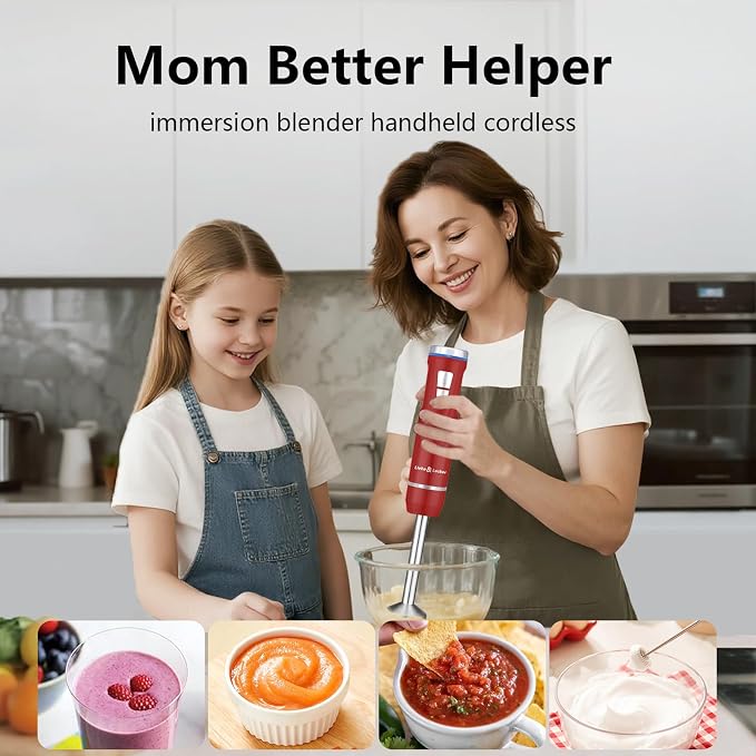 Liebe&Lecker Cordless Immersion Blender, 3-in-1 Handheld Stick Blender | Rechargeable Electric Mixer Set with Whisk & Milk Frother, 8-Speed Hand Blender for Shakes, Soups, Coffee, Zero BPA (Red)