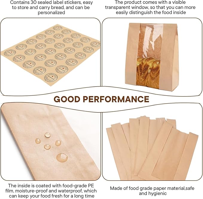 100 pack bread paper bags with window, including 100 homemade bread storage label seal stickers (13.7x8.3x3.5 inches)