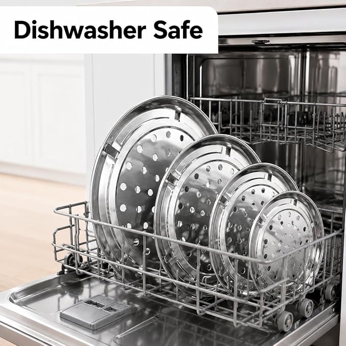 4 Pack Stainless Steel Steamer Rack for Pots, Tamales, Canning | Round racks with removable legs for stock pots, pressure cookers, vegetables, dumplings, and cooling baked goods.