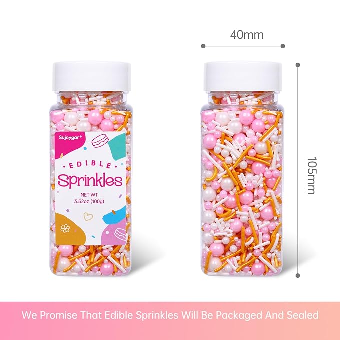 Pink White and Gold Sprinkles, 3.52oz Edible Pink Sprinkles for Cake Decorating Cupcakes Baking Ice Cream Cookie Wedding Valentines Party Decoration