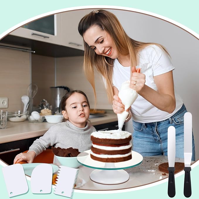 Willinglong 6 Pcs 12 Inch Cake Turntable Set Glass Rotating Cake Spinner Stand Decorating Supplies with 2 Aluminum Alloy Spatulas 3 Icing Smoother Scraper for Birthday Wedding Party Baking