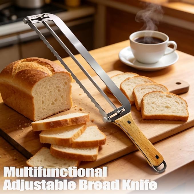 Adjustable Bread Slicer for Perfect Slices - Bread Knife for Homemade Bread with Thickness Guide - Premium Sharp Stainless Serrated Blade for Sourdough Baguettes Bagels Loaves - Gift for Artisan Baker