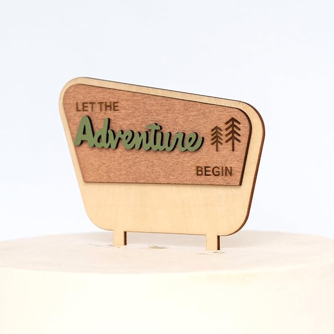 ZAIBIANHAO Let the Adventure Begin Wooden Cake Topper - Natural Adventure Themed Camping Decorations for Baby Shower,Happy Camper Decoration,Camping Birthday Party Supplies