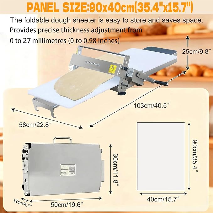 Dough Sheeter Machine, Folding Countertop Dough Roller, Manual Pastry Machine Stainless Steel, 0-27mm Adjustable Thickness, with Press Panel, for Home Baking and Commercial Bakery