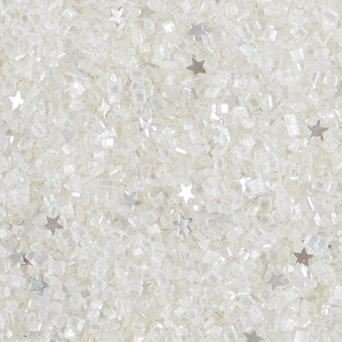 White Sanding Sugar Edible Silver Glitter Stars Mix, 3.5oz White Sugar Sprinkles for Cake Decorating, Sparkling Sugar Crystals for Cupcake Toppers Cookie Decorations for Wedding Party Celebrations