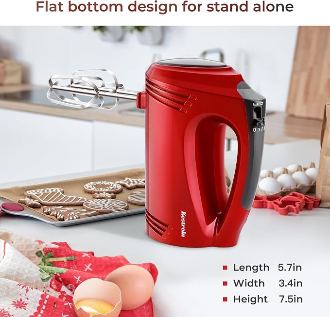 Hand Mixer Electric Handheld with Flat Bottom, Portable Mixer for Kitchen Baking Cake, Powerful Mixing for Thicker Doughs with dough hooks
