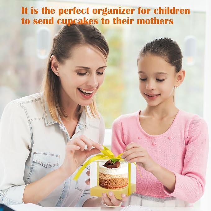 12 Pack Clear Plastic Cupcake Boxes, 3.5 Inch Gold Single Cupcake Containers Disposable Individual Cup Cake Carrier Holder Boxes with Inserts and Ribbon (Yellow)