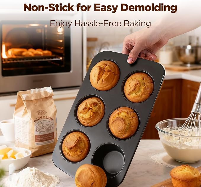 2 Pack Jumbo Muffin Pan, Texas Size Nonstick Cupcake Pan, 6-Cup Giant Muffin Tin, Carbon Steel Baking Pan for Muffins, Cupcakes, Brownies, Easy Clean & Heavy Duty(JP-01)
