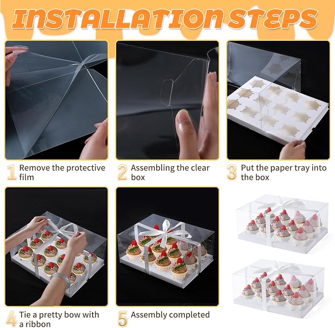 JCD 8 Pack Clear Cupcake Boxes,5.5inches height 12 Counts Cupcake Containers with Gift Ribbon,Bento Boxes with Clear Lid for 12 Cupcakes for Treat Dessert Cookies Muffins Pastry Party (12count/8pcs)