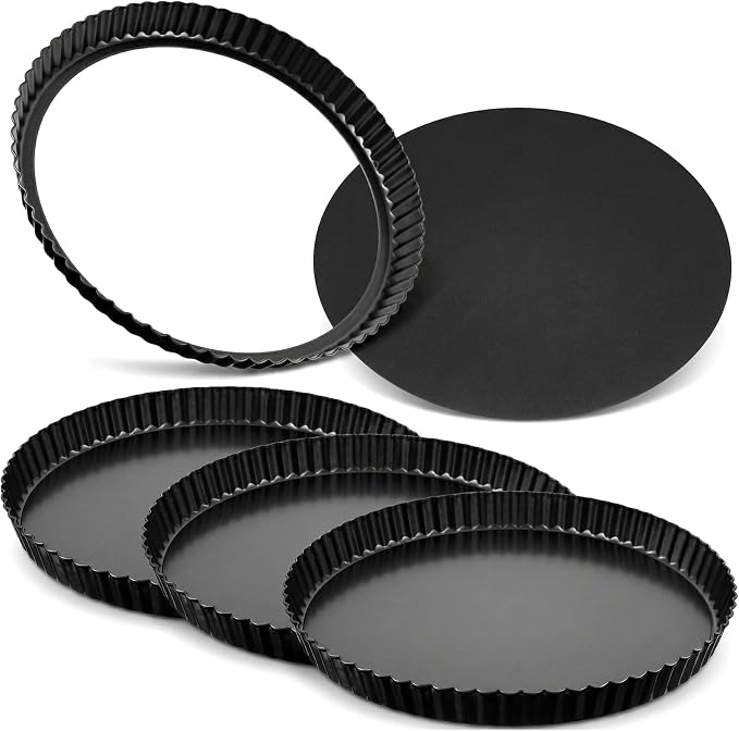 11 Inch Tart Pan with Removable Bottom, Non-Stick Pie Pan for Baking, Carbon Steel Quiche Baking Dish for Mousse Cakes, Fruit Desserts (Set of 4)
