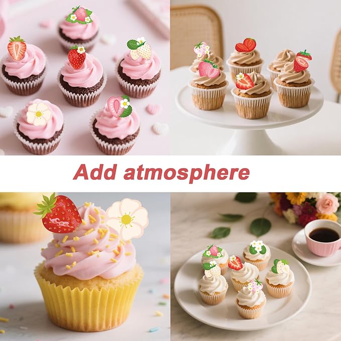 Lyreh 280pcs Edible Strawberry Cupcake Decorations, Strawberry Flower Birthday Cake Toppers Party Floral Decoration Supplies for Sweet Themed Party