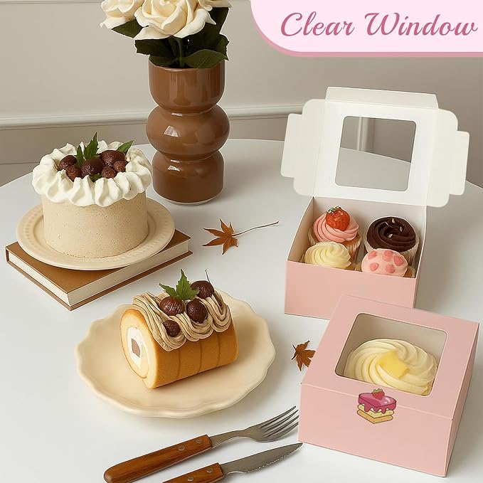 OAMCEG 50 Pack Cupcake Boxes with Window, 6x6x3 Inches Cookie Boxes, Bakery Treat Boxes for Pastry, Desserts, Chocolate Strawberries, Cupcake Containers, Gift Giving with Stickers & Twine (Pink)