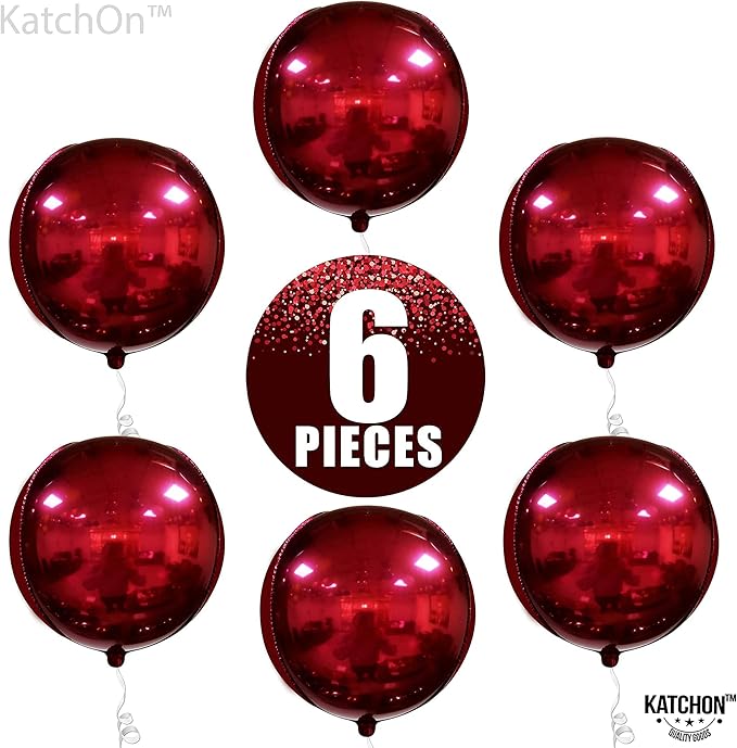 KatchOn, Metallic Red Balloons - 22 Inch, Pack of 6 | Round 4D Mylar Burgandy Balloon for Birthday Decorations | Maroon Balloons for Wedding, Graduation Prom Party Decorations | Baby Shower Decoration