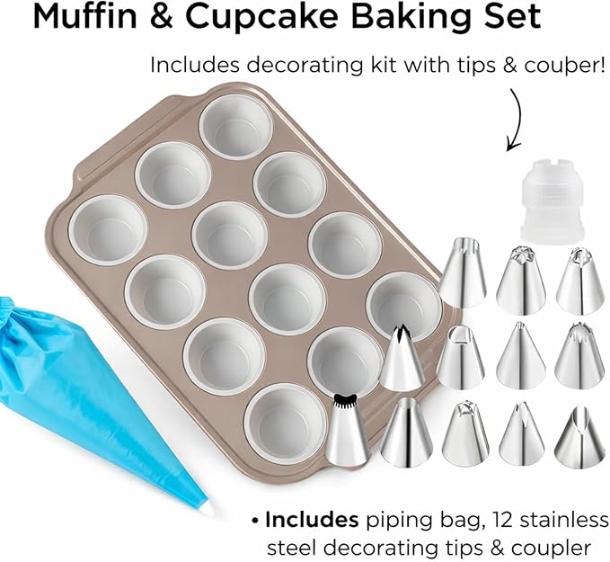 2Pack Silicone Muffin Pans with Steel Frame, 12-Cup Nonstick Bakeware, Reusable Cupcake Pans with 12 Piping Nozzles & Bag for Baking | Silicone Muffin Pans for Cupcakes & Muffins