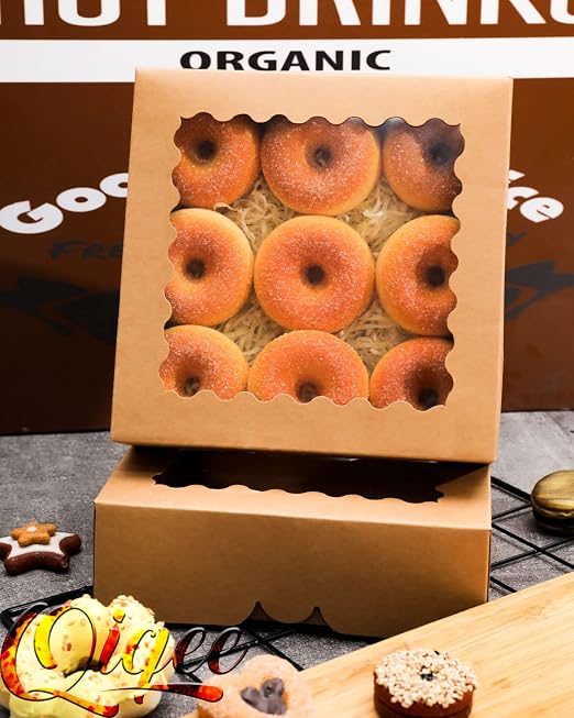 qiqee Auto-pop up 50 Packs Bakery Box With Window 8x8x2.5 inch Brown Pie Boxes Pastry