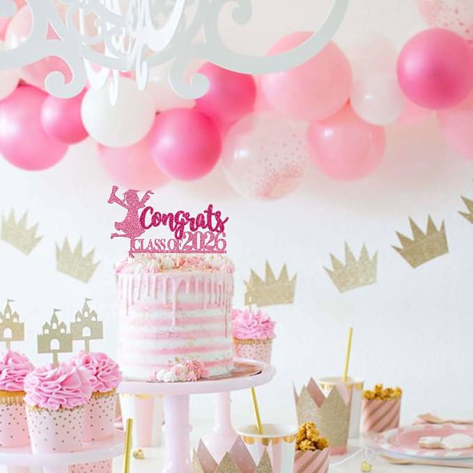 1 Pack Congrats Class of 2026 Cake Toppers Graduation Girl Cake Picks Glitter 2026 Graduation Cake Decorations for Theme High School Girls Graduate Cake Decorations Party Supplies Pink 2