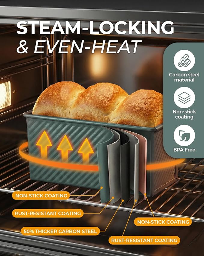 CARTMAN Bread Loaf Pan 2 Pack, 8x4 Pullman Loaf Pan with lid and a Silicone Spatula and Basting Pastry Brush, 1 lb Dough Capacity,Non-Stick Carbon Steel bread pans for homemade bread Sage Green