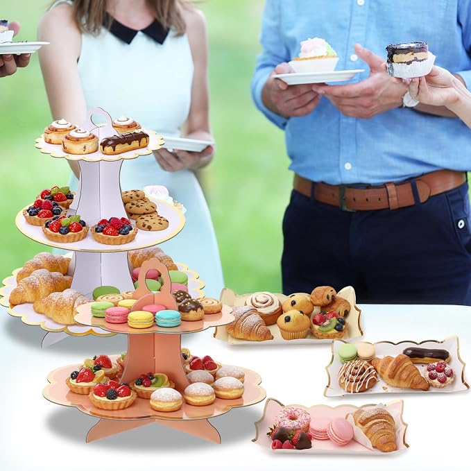 12 Pcs Tea Party Cupcake Stand Decorations Spring Cardboard Cupcake Tower 4 3-Tier Cake Stands 3 2-Tier Cake Holders 5 Trays for Flower Tea Party Princess Birthday Wedding Supplies(Classic)