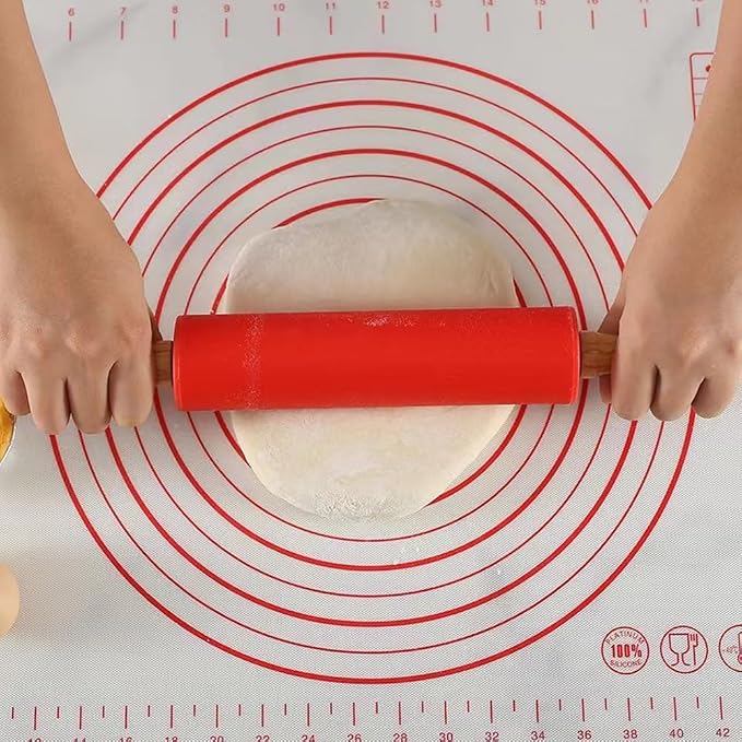 Silicone Rolling Pin Non Stick Surface,Rolling Pins For Baking With Wooden Handle,Dough Roller For Pizza,Bread,French Fondant,dough,Pie Cookie,Handmade Noodles1.97X15.15 (Red)