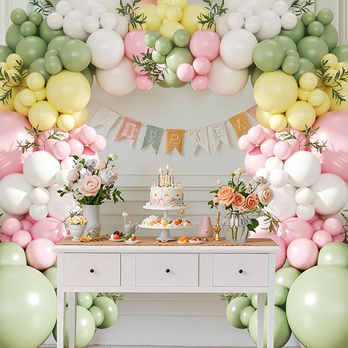 Sage Green Pink Yellow Pastel Balloon Arch Kit, 124Pc Dusty Green Macaron Blue and White Balloons for Goose Birthday Gender Decorations Baby Shower Wedding Decor