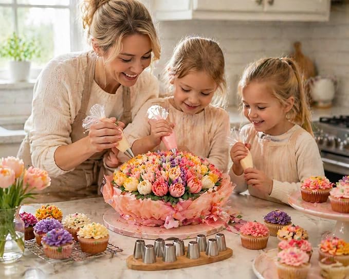 7 Pcs Large Russian Piping Tips Set, Stainless Steel Flower Frosting Nozzles, One-Press Cake Decorating Tips for Buttercream, Cupcakes, Cakes– Dishwasher Safe