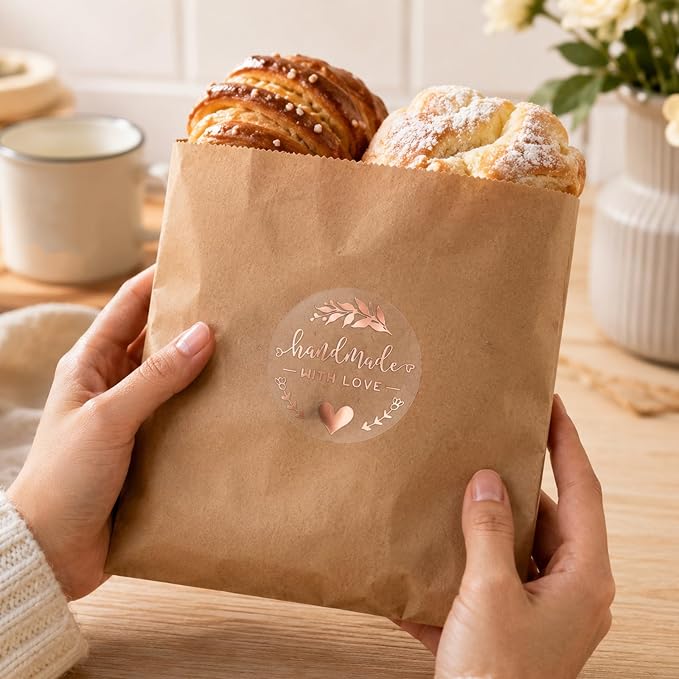 100PCS Handmade with Love Stickers, 1.6" Transparent Rose Gold Foil Labels | Made with Love Stickers for Bakery, Cookies, Boutique, Cake Boxes, Bread, Bakery, Candle, , Small Business