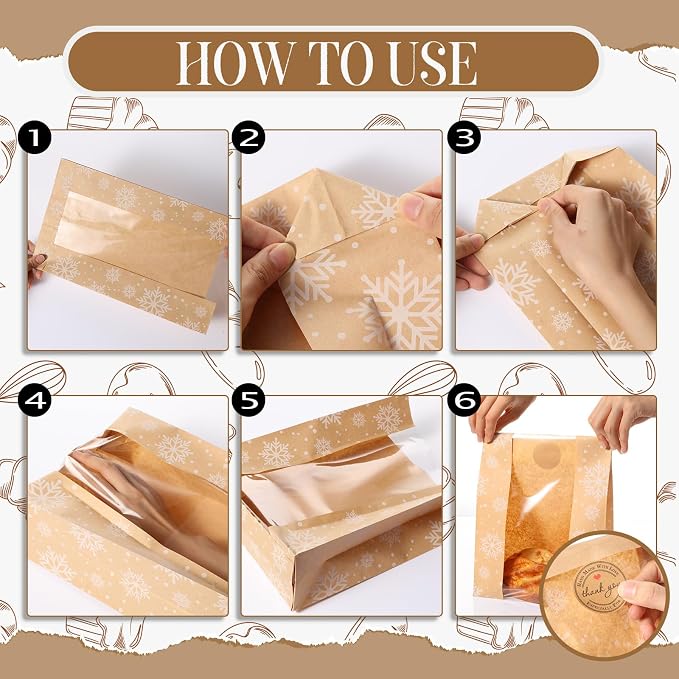 Feifeiya 100 Pack Kraft Paper Bread Bags for Homemade Sourdough Bread with Window & Stickers, 13.7x8.3 Large Bakery Bags for Loaves Greaseproof Food Packaging for Baking Gifts, Brown(Snowflake)