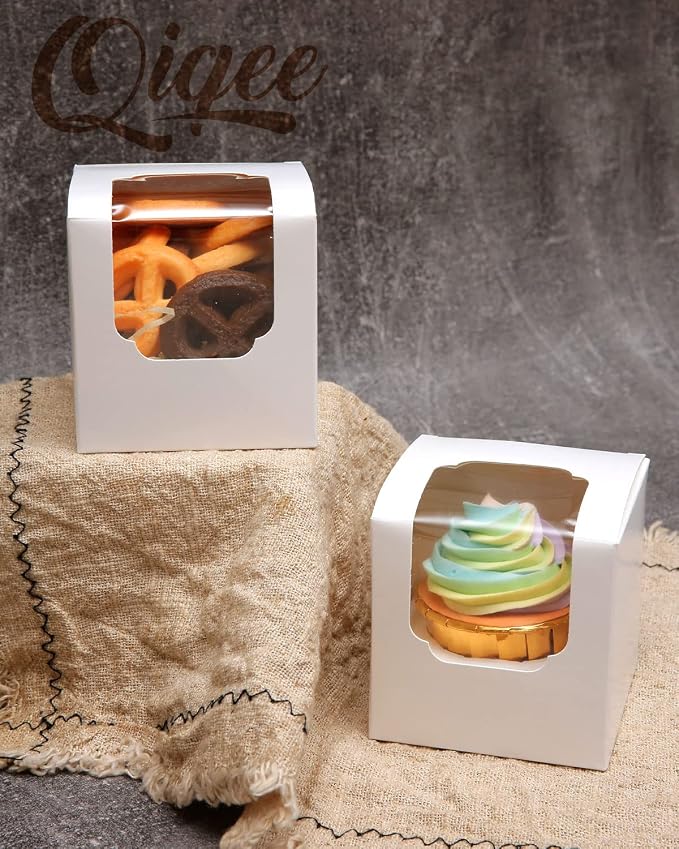 qiqee 60-Packs Cupcake Boxes Auto-pop up Individual Cupcake Container White 3.5" x 3.5" x 3.5" Single Cupcake Boxes