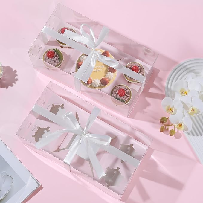 JCD 3Pcs Pink 1+4 Bento Box with Clear Window Bento Cake Boxes Combo Fit 4 Cupcake and 1 Mini Cake for Valentine Wedding Birthday Party Bakery Supplies(Pink 1+4/3Pcs)