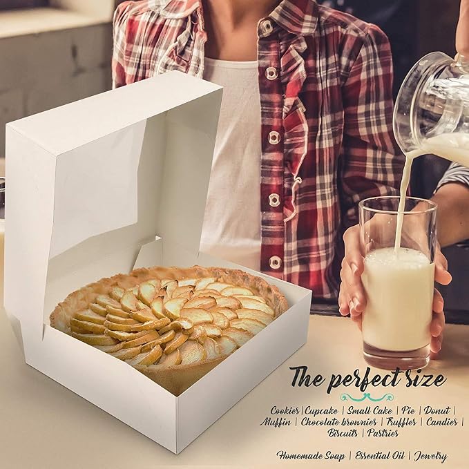 O'Creme White Bakery Boxes with Window, 10 x 10 x 2.5 Inches Deep, Pack Of 5, Display Pies, Pastries, Cupcakes and Cookies | Paperboard White Kraft Auto-Popup Window Cake Box, Pastry Container Carrier