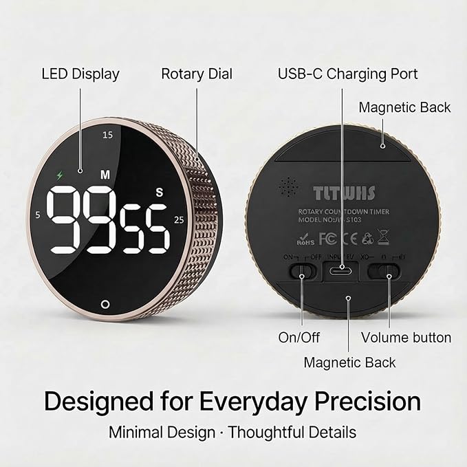 Rechargeable Magnetic Kitchen Timer,LED Countdown/Up Timer, Supports USB-C Charging,with Loud Alarm,3 Preset Quick Times(5/15/25m),Perfect for Kitchen Cooking, Studying, and Fitness (Brown)