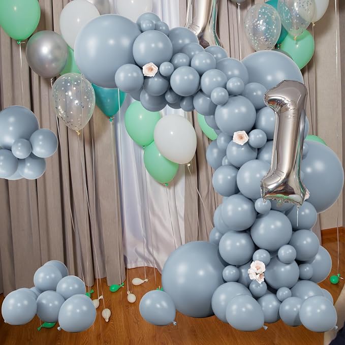 104pcs Dusty Blue Balloons - 18/12/10/5 Inch Matte Haze Blue Latex Balloons Garland Arch Different Sizes Pack for Baby shower, Wedding, Bridal Shower Party Decor
