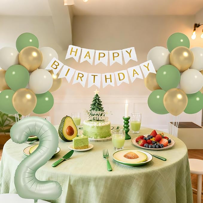 Sage 2nd Birthday Decorations For Boy -12 Inch Sage Balloons, 40 Inch 2 Balloon,, Happy Birthday Banner for Two Year Old BD Party Decorations