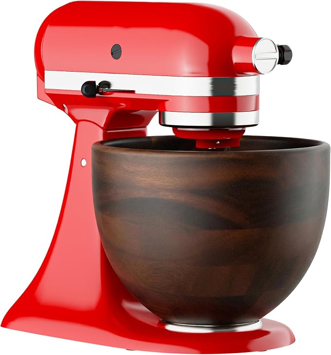 GVODE Premium Wooden Bowl for KitchenAid Mixer, Perfect Compatible with 4.5-5 Quart Tilt-Head Models (K45 KSM75 KSM150 KSM175), Natural Handcrafted Wooden Bowl with Stainless Steel Locking Base