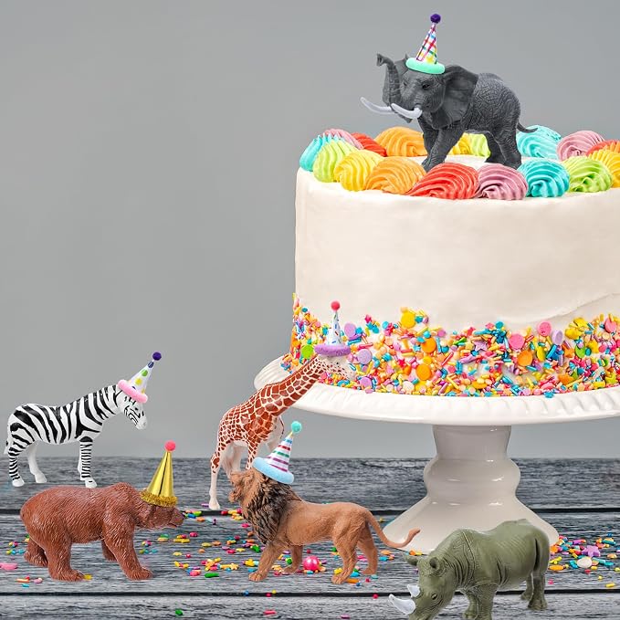 Colingmill 18 Pcs Jungle Animal Birthday Party Decorations Mini Birthday Hat Animal Figure Model Cake Toppers with Mini Hat for Birthday Party, Wild Animals Themed Party
