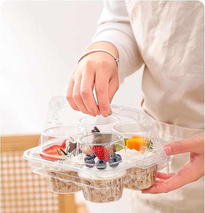 4-Cavity Clear Cupcake Containers,Cupcake Carton With Handle(60pc) | 4-Compartment Cupcake Containers With Handle, TClear Plastic Cupcake Cartons With Lid, Cake Rack For Cake Shops And Bakeries