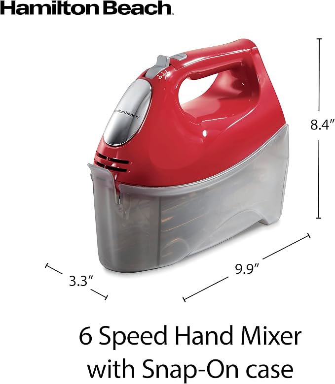 Hamilton Beach 6-Speed Electric Hand Mixer with Whisk,Traditional Beaters,Dough Hooks,Snap-On Storage Case,275 Watts,Red,(Pack of 2)