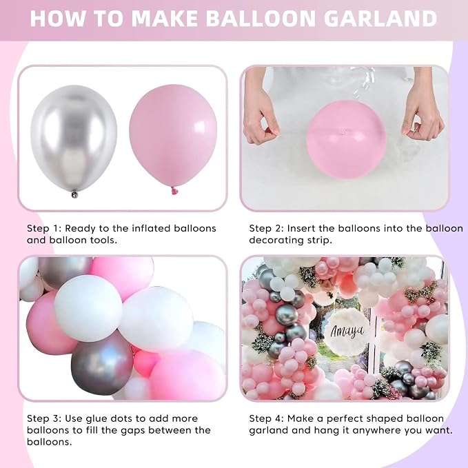 Pink and Silver Balloon Arch Kit, Metallic Silver Macaron Pink Balloon Garland Kit, Helium Latex Balloons Different Sizes for Wedding Bridal Shower Baby Shower Party Decorations
